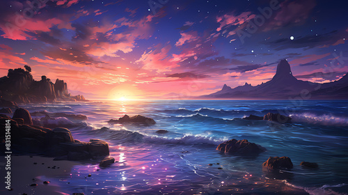 A beach scene. There is a blue sea with waves crashing on the shore. There is a large moon in the sky and a beautiful sunset