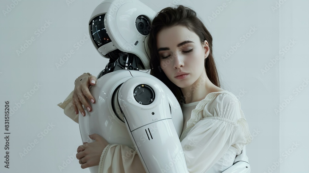 female model hugging a humanoid robot, concept of love and emotion in ...