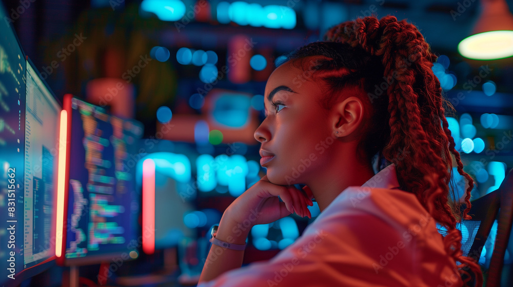 Focused Woman Programming on Computer in Neon Lit Room - technology, coding, digital, tech, work, modern, cyber, workspace
Focused Woman Programming on Computer in Neon Lit Room - technology, coding, digital, tech, work, modern, cyber, workspace
