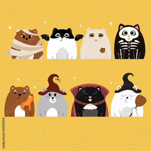 Set of kawaii cats in Halloween costumes