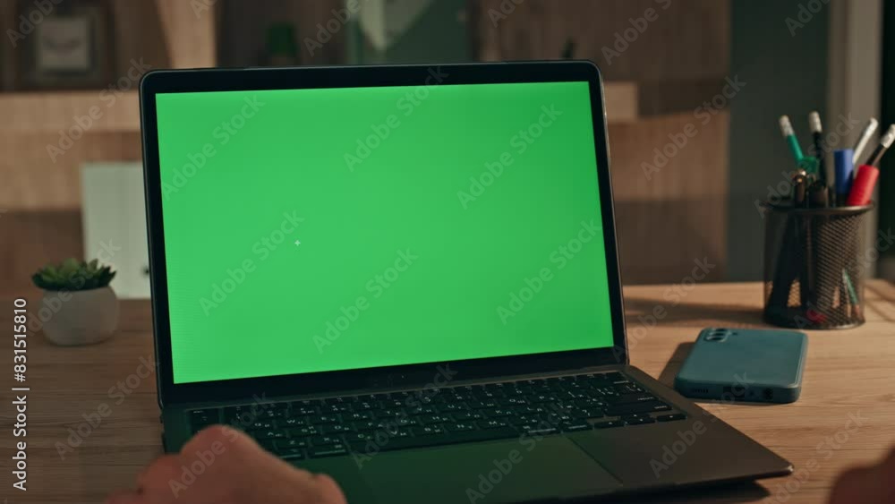Man hands touching mockup laptop touchpad turning on app at home office close up Man hands touching mockup laptop touchpad turning on app at home office close up