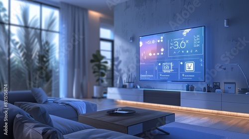 A smart screen displaying a smart home interface in a modern living room