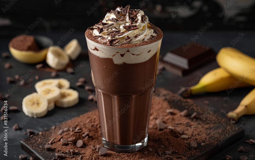 Delicious Chocolate and Banana Smoothie With Whipped Cream in a Tall Glass Delicious Chocolate and Banana Smoothie With Whipped Cream in a Tall Glass