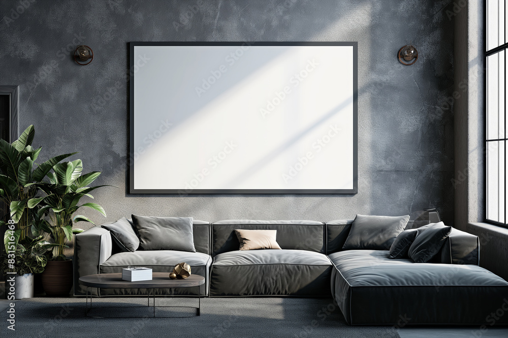 Modern living room with gray sofa, coffee table, plants, and blank canvas on dark wall, natural lighting. Background with copy space. Mockup Modern living room with gray sofa, coffee table, plants, and blank canvas on dark wall, natural lighting. Background with copy space. Mockup