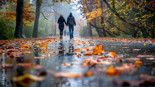 A serene scene of two people walking away on a wet autumn path  with vibrant fallen leaves and reflective raindrops.