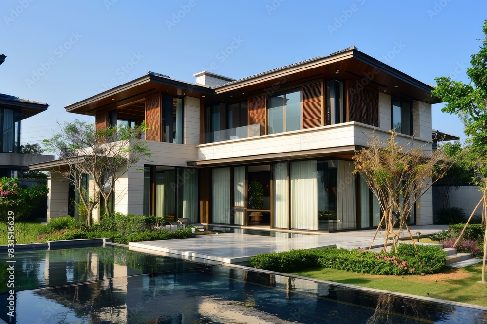 Fototapeta premium Stylish contemporary house with a swimming pool in a serene residential area