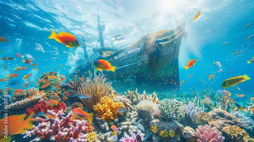 Colorful Marine Life Flourishing Around A Sunken Shipwreck in Clear Blue Ocean photo