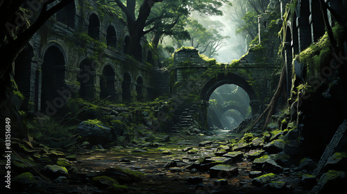 The overgrown ruins in a jungle.