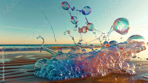   A cluster of air pockets bobbing atop a coastal shore beside an expanse of aqua photo