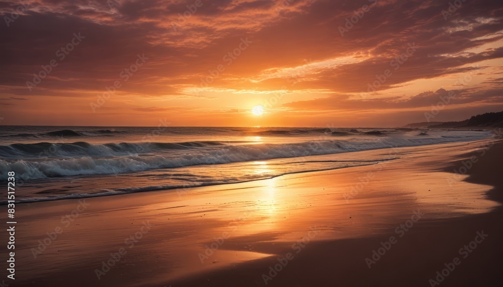 The sun is setting over the ocean, casting a warm glow on the water and the sand The sun is setting over the ocean, casting a warm glow on the water and the sand