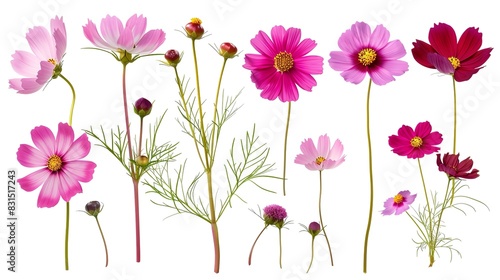 Set of cosmos elements including cosmos flowers, buds, petals, and leaves, isolated on white background © Pter