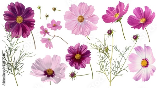 Set of cosmos elements including cosmos flowers, buds, petals, and leaves, isolated on white background photo