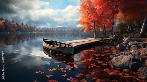A wooden dock juts out into a calm lake on an overcast day. Red and orange autumn leaves cover the ground and float on the water's surface. A green rowboat is docked at the end of the dock.

 photo