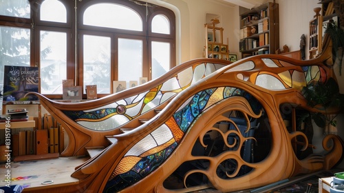 An Art Nouveau balustrade with flowing shapes and stained glass inlays enhances the artist's inspiring studio. photo