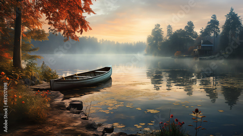 A wooden dock juts out into a calm lake on an overcast day. Red and orange autumn leaves cover the ground and float on the water's surface. A green rowboat is docked at the end of the dock.

 photo