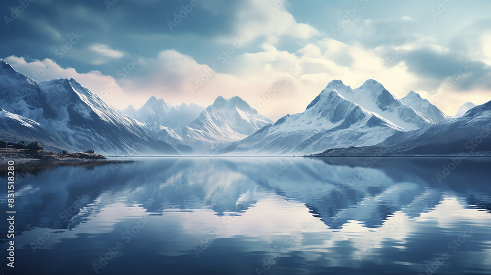 A mountain range covered in snow with a lake in front reflecting the mountains.

