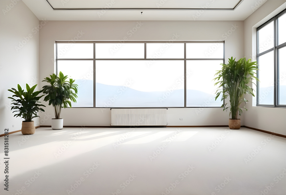 Fototapeta premium An empty livingroom with plants windows carpet Augmented reality mockup pattern frame