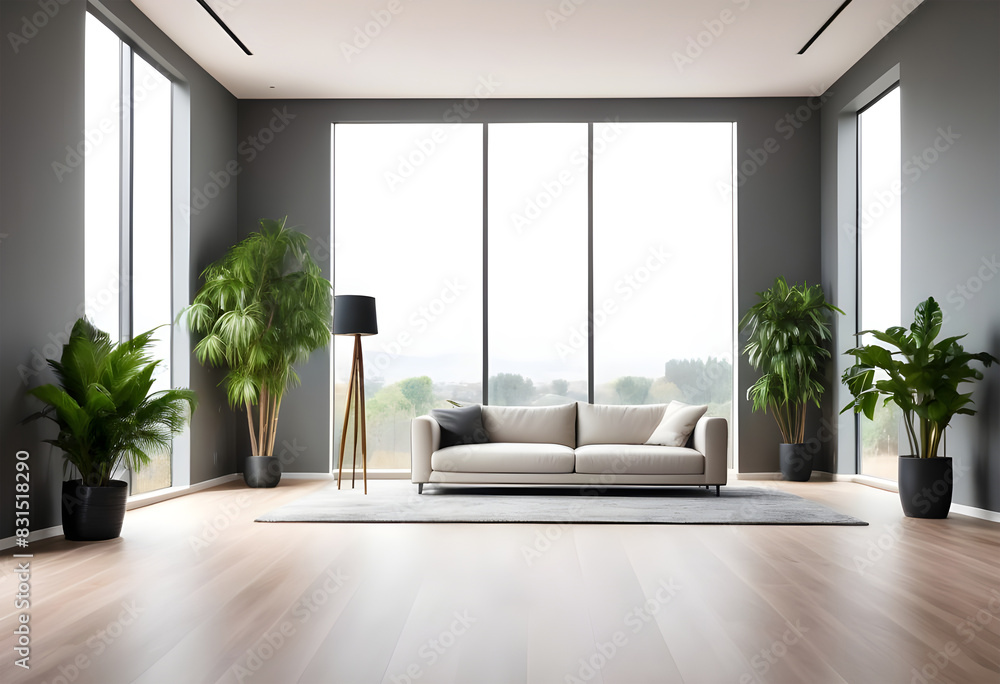 Obraz premium An empty livingroom with plants windows carpet Augmented reality mockup pattern frame