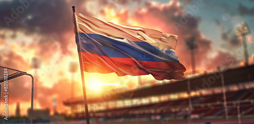 Russian flag on the background of a sports stadium