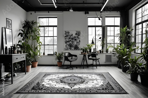 An empty livingroom with plants windows carpet Augmented reality mockup pattern frame