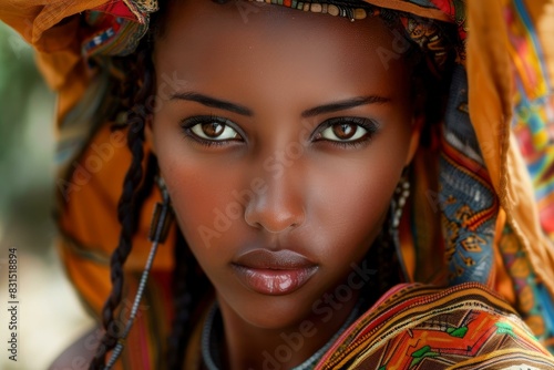 Closeup of a young african woman with piercing eyes, wearing a vibrant headscarf