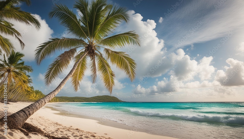 beautiful caribbean landscape with palm tree on the beach