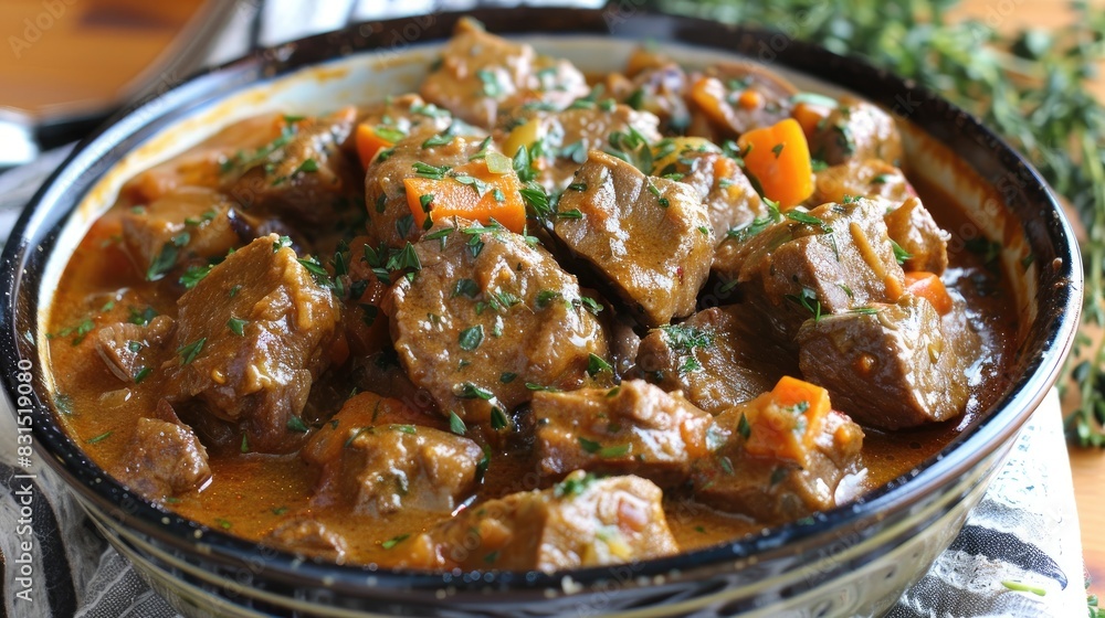 French style lamb stew Cubes of French meat slowly cooked in a savory sauce