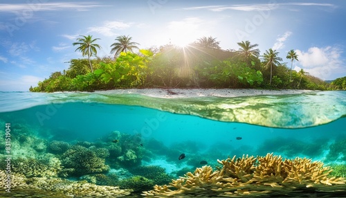 underwater scene tropical seabed with reef and sunshine