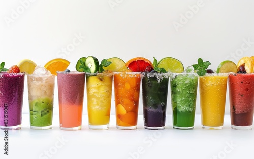 Colorful Assortment of Fresh Fruit Smoothies on a White Background