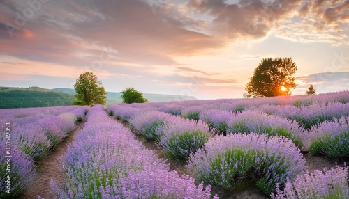 wonderful nature landscape amazing sunset scenery with blooming lavender flowers moody sky pastel colors on bright landscape view floral panoramic meadow nature in lines with trees and horizon