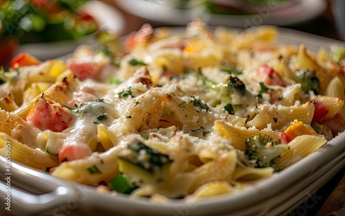 Delicious Baked Rotini Pasta With Vegetables and Cheese in a Black Baking Dish, Steaming From Oven