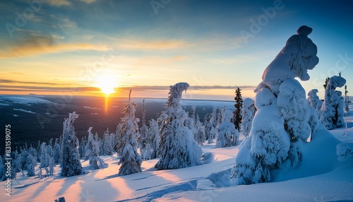 sunset over frozen trees on a mountain levi finnish lapland photo