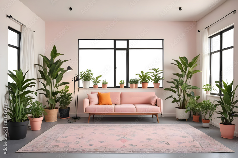 Fototapeta premium An empty livingroom with plants windows carpet Augmented reality mockup pattern frame