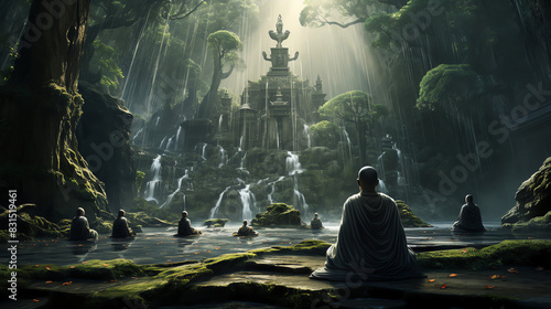 A picture of a temple in a jungle. The temple is made of stone and has a large waterfall flowing down the side of it. There is a person sitting on the ground in front of the temple meditating.