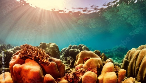 underwater scene with rocks corals and sun light tropical blue sea photo