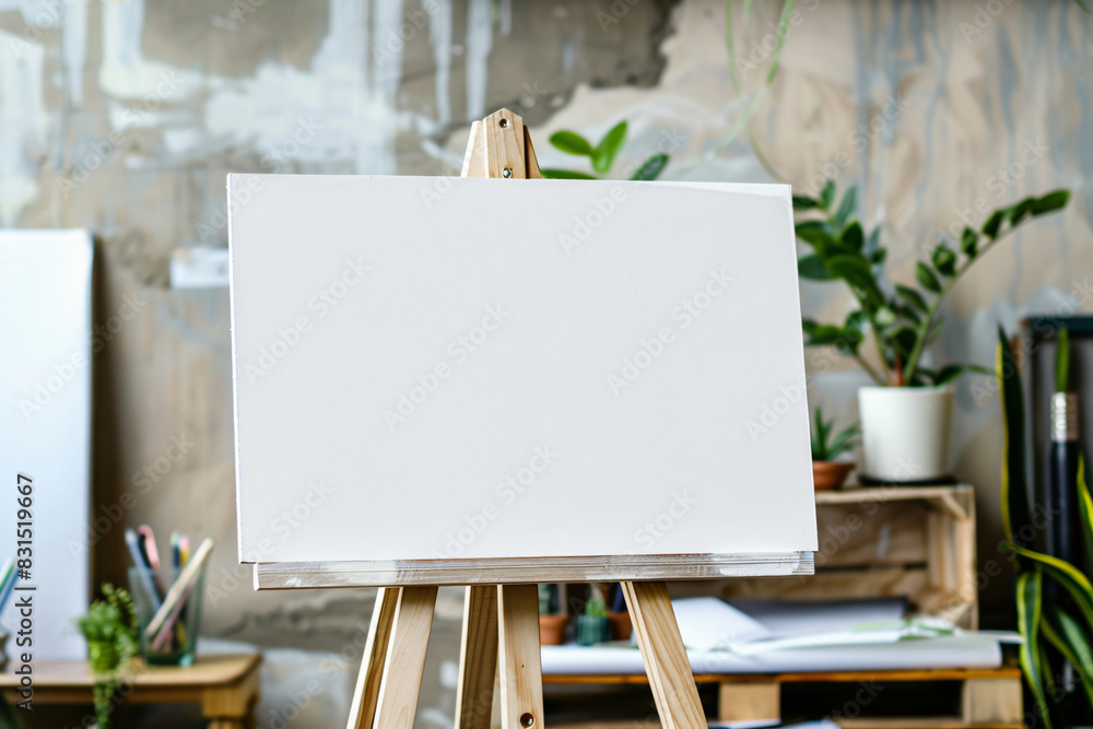 Empty white canvas positioned on a wooden easel, ready for painting, set against a creative artist's studio backdrop