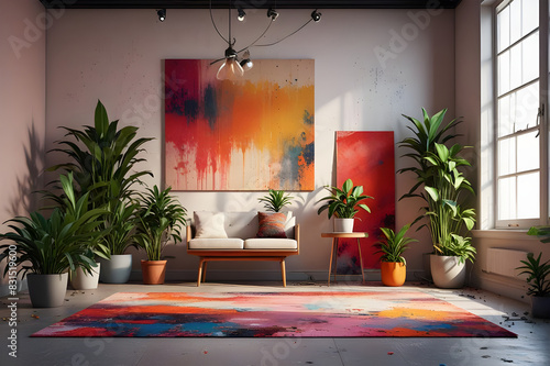 An empty livingroom with plants windows carpet Augmented reality mockup pattern frame