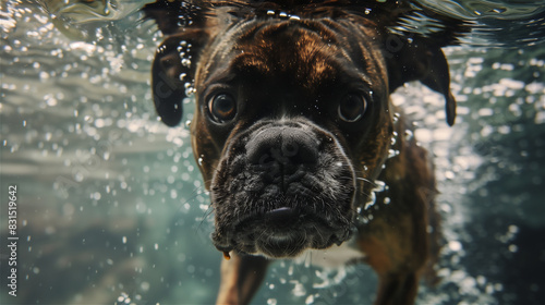 View of a dog diving under the water surface.