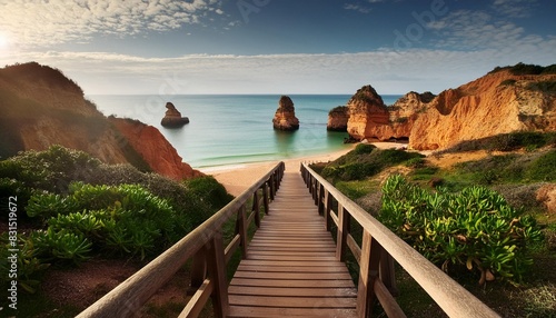 wooden footbridge to beautiful beach praia do camilo near lagos photo