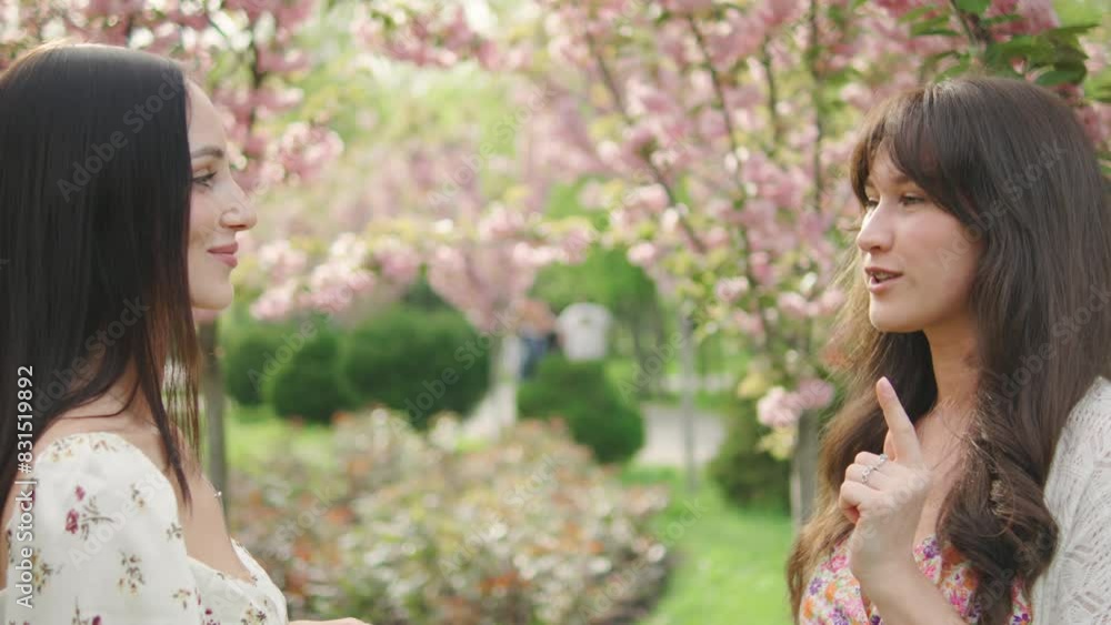 Two happy young women tourists walking, laughing and enjoying beautiful sakura flowers in the park Two happy young women tourists walking, laughing and enjoying beautiful sakura flowers in the park