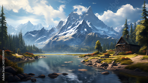 A beautiful digital painting of a mountain landscape. There is a lake in the foreground, with a small cabin nestled on the shore. The mountains in the background are covered in snow. The sky i photo