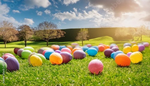 an easter egg hunt with colorful plastic eggs on a green lawn