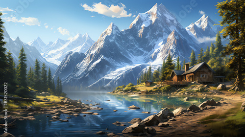 A beautiful digital painting of a mountain landscape. There is a lake in the foreground, with a small cabin nestled on the shore. The mountains in the background are covered in snow. The sky i photo