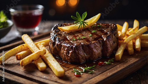 Sizzling steak served with golden French fries on a rustic wooden board, tantalizing the taste buds. photo