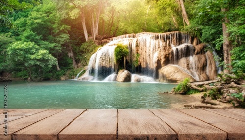 wood table top podium floor in outdoor waterfall green tropical forest nature background natural water product present placement pedestal counter display spring summer jungle paradise concept
