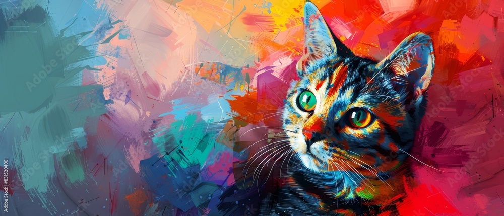 Colorful artistic painting of a cat with vibrant background, showcasing creativity and unique animal art portrait. Colorful artistic painting of a cat with vibrant background, showcasing creativity and unique animal art portrait.
