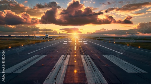 An airport runway lit by the evening sunset  ready for planes to land or take off