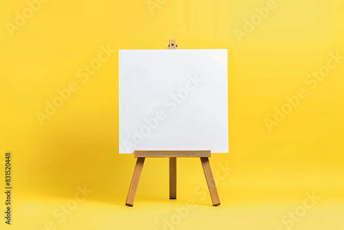 Simplistic yet striking image featuring an empty white canvas on a wooden easel with a vivid yellow backdrop inviting creativity photo