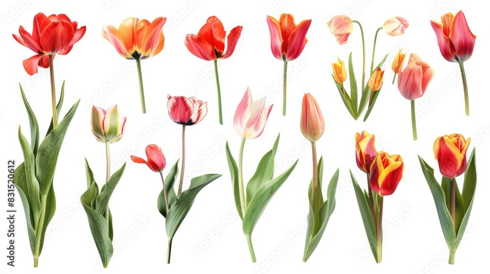 Isolate tulips individually and in arrangements against a white backdrop with clipping path Floral elements for design promotion and greeting cards Spring floral composition lovely blooms di Isolate tulips individually and in arrangements against a white backdrop with clipping path Floral elements for design promotion and greeting cards Spring floral composition lovely blooms di