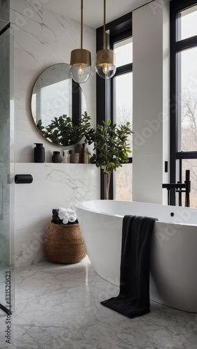 Sleek and contemporary bathroom featuring a minimalist white vanity, black fixtures, spacious shower, and indulgent freestanding tub.